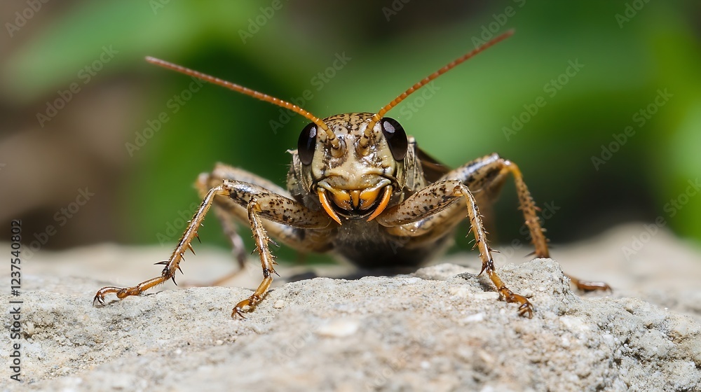 Poster detailed grasshopper on stone with green background closeup photography : generative ai