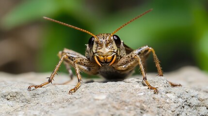 Fototapeta premium Detailed Grasshopper on Stone with Green Background Closeup Photography : Generative AI