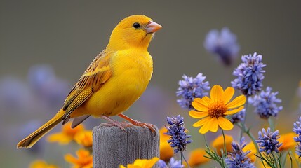 Fototapeta premium Yellow bird perched on post, wildflowers, garden, nature, spring