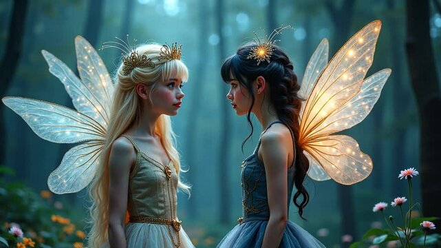 Contrasting fairies in pastel and dark outfits glow in twilight.