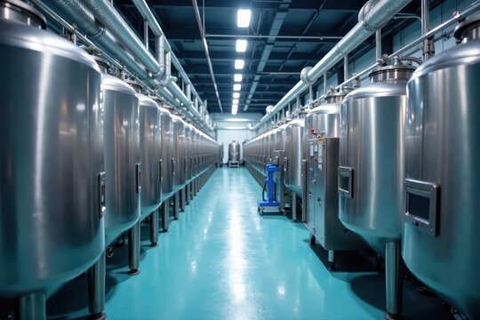 Modern milk pasteurization plant with high-tech equipment and automated processing, clean room, plant
