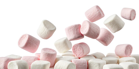 Delicious Flying and Falling Marshmallows Isolated on a Bright Background for Dessert Photography