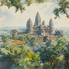 Fototapeta premium Serene Watercolor Painting of an Ancient Temple Surrounded by Lush Greenery, Capturing the Beauty of Cultural Heritage and Natural Landscape in Vibrant Colors