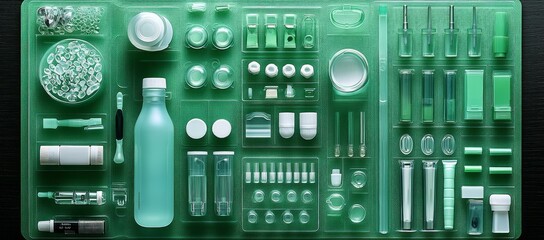 Green cosmetic product samples organized in a tray.  Flatlay background. Stock photo
