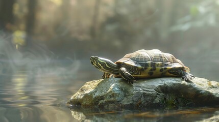 Turtle Sunbathing on Rock in Calm Water