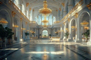 Obraz premium A grand, opulent hall featuring elegant chandeliers, tall windows, and marble flooring, illuminated by natural light.