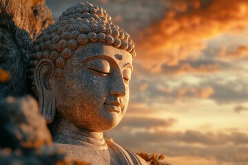Serene Buddha statue sunset, peaceful temple