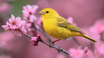 Yellow bird perched on blooming peach branch, spring garden backdrop; nature, wildlife imagery