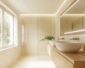 Modern Minimalist Bathroom Interior with Natural Lighting and Sleek Fixtures in a Contemporary Setting