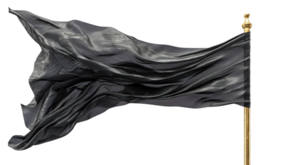 Black flag waving on transparent background with golden pole