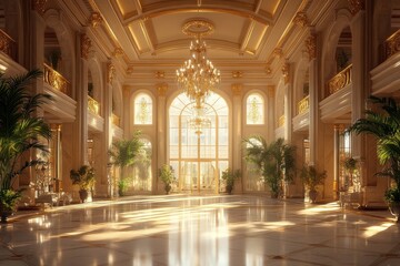 Fototapeta premium A luxurious, sunlit foyer featuring elegant chandeliers, marble floors, and lush greenery, exuding opulence and sophistication.