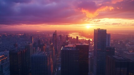Obraz premium Breathtaking Urban Skyline at Dusk with Dramatic Sunsets and Illuminated Skyscrapers : Generative AI