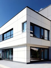 Contemporary White House Exterior with Large Windows and Blue Skies : Generative AI