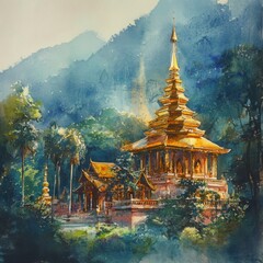 Serene Golden Temple Surrounded by Lush Greenery and Majestic Mountains at Sunset, Capturing the Tranquility of Nature and Spirituality in Watercolor Style