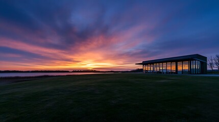 Obraz premium Modern Glass House with Panoramic Sunset View Over Tranquil Lake and Expansive Sky : Generative AI