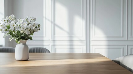 A Minimalist Wooden Table Displays A White Vase With White Flowers, Bathed In Sunlight Against A Bright White Wall. The Scene Evokes Calmness And Serenity.
