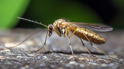Golden Mosquito on Stone Surface with Extended Proboscis in Natural Setting : Generative AI