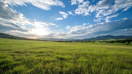 Fototapeta premium Expansive Green Meadow Under Clear Blue Sky with Sunbeam in Nature : Generative AI
