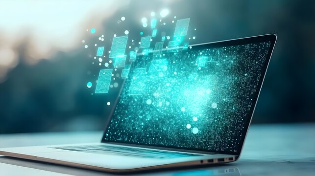 digital data flow laptop screen - data visualization