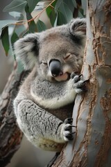 Fototapeta premium Cute Koala Bear Sleeping in Eucalyptus Tree