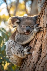 Fototapeta premium Adorable Koala Bear Sleeping in Tree Trunk