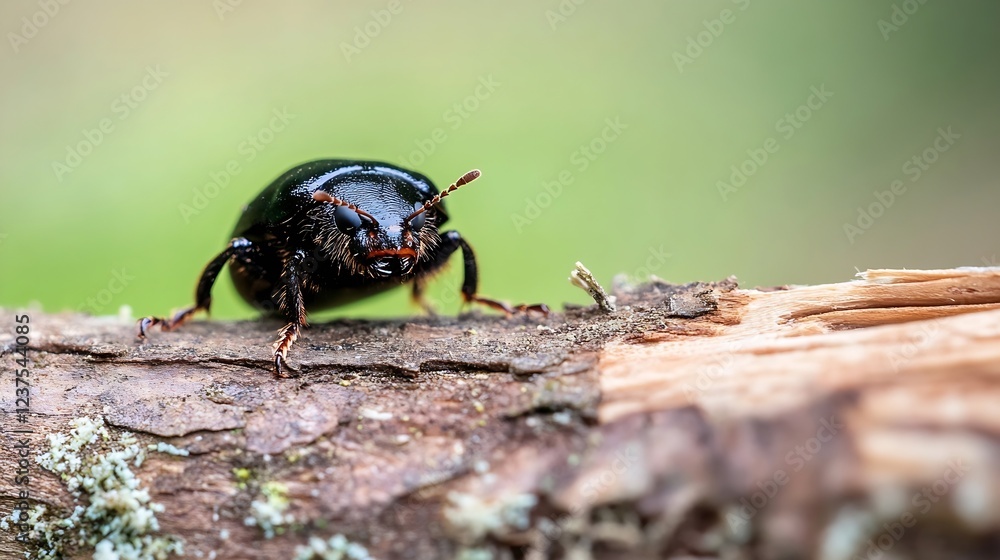 Poster macro photograph of shiny black beetle on tree bark with natural lighting : generative ai