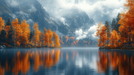 Obraz premium Professional realistic photo of a picturesque mountain lake surrounded by vibrant autumn foliage,