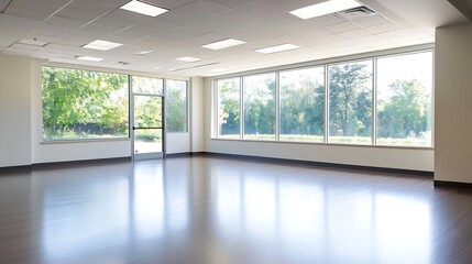 Fototapeta premium Spacious Bright Room With FloortoCeiling Windows Overlooking a Green Landscape : Generative AI