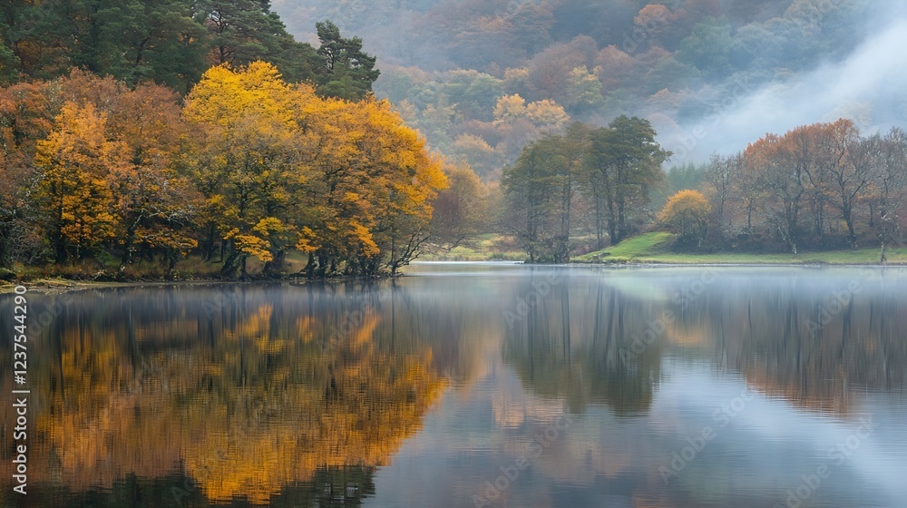 Poster misty autumn lake surrounded by colorful forest reflections : generative ai