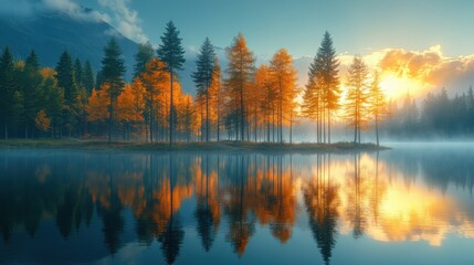 Obraz premium Professional realistic photo of an idyllic lakeside view with tall pine trees mirrored perfectly on still water, under soft morning ligh