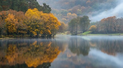 Fototapeta premium Misty Autumn Lake Surrounded by Colorful Forest Reflections : Generative AI