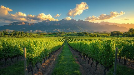 Naklejka premium Vineyard sunset, mountain backdrop, idyllic landscape, wine tourism