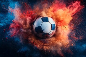 Fototapeta premium Soccer ball explosion, vibrant colors, action shot, sports background