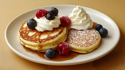 A plate of fluffy pancakes topped with berries, whipped cream, and syrup.