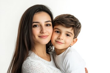 Mother and son alone against a white backdrop