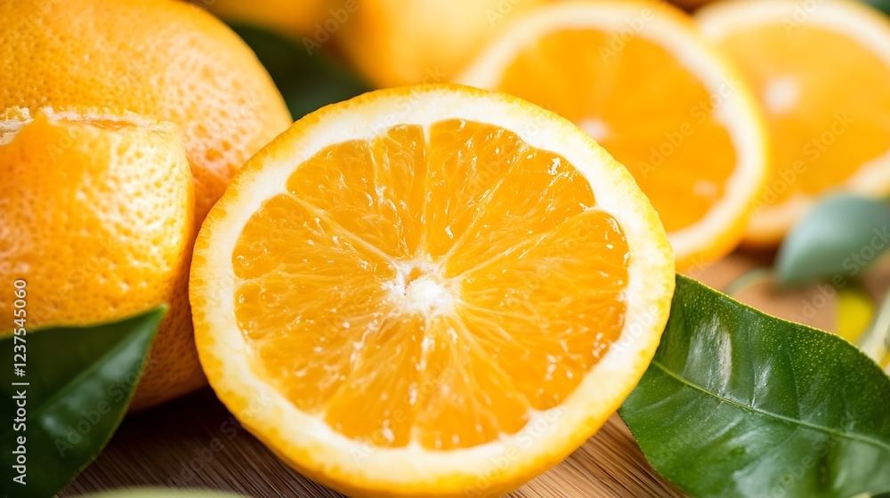 Poster closeup of fresh juicy oranges sliced with green leaves displayed on wooden surface : generative ai