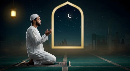 Muslim Man Praying at Night Peaceful Ramadan Image