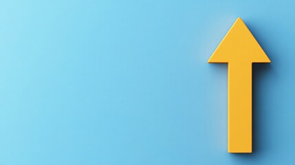 Yellow arrow pointing up on blue background; growth, progress concept; website banner