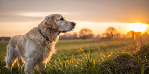 Isolated Image of a Golden Retriever Dog in the Field at Sunset for Cherished Memories