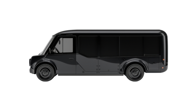 Modern black delivery van with transparent background