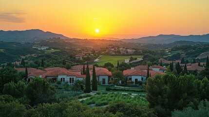 Sunset over Mediterranean Villas and Rolling Hills