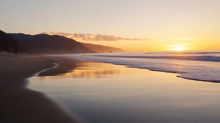 Fototapeta premium Stunning Golden Sunset Reflections on Tranquil Sea Waves at a Serene Beach : Generative AI