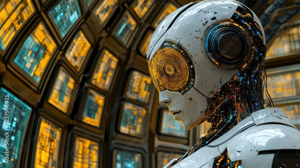 Poster advanced ai: futuristic robot in a technological control room