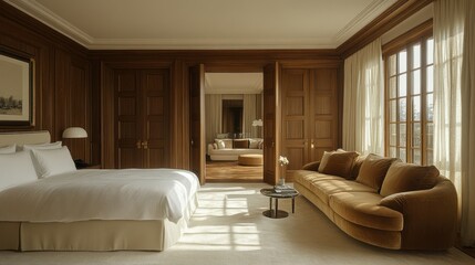 Fototapeta premium Luxury Hotel Suite: Opulent Bedroom and Living Area Design