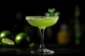 St. Patrick's Drink, with style of Margarita, tequila, lime, shamrock-shaped garnish