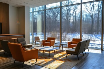 Fototapeta premium A modern lounge with stylish furniture, large windows overlooking a snowy landscape, creating a cozy yet chic atmosphere.