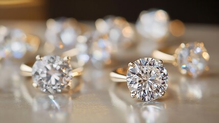 Fototapeta premium Elegant Diamond Rings with Sparkling Stones on Display for Luxury Jewelry : Generative AI