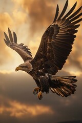 Obraz premium Bald Eagle Soaring Through Golden Sunset Clouds
