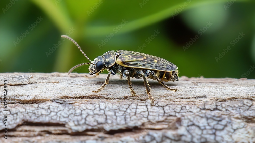 Poster closeup of beetle on bark with detailed texture and blurred natural green background : generative ai