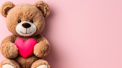 Obraz premium Cute teddy bear holding pink heart on soft pink background